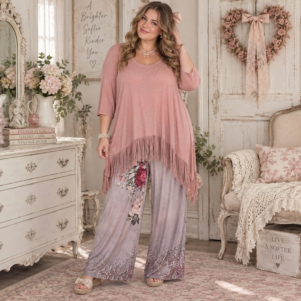 16. XL/1X Set - Oddi Rose Pink Blouse with Fringe & Wide Leg Palazzo Pants